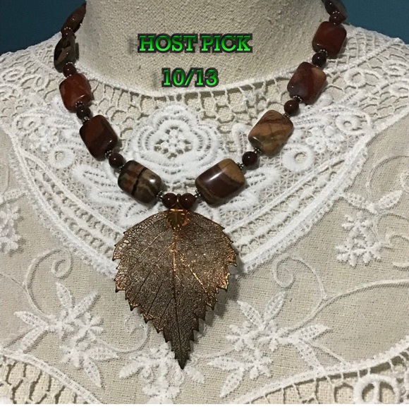 Vintage Jewelry - Gold Leaf Pendant on genuine jasperStones necklace.